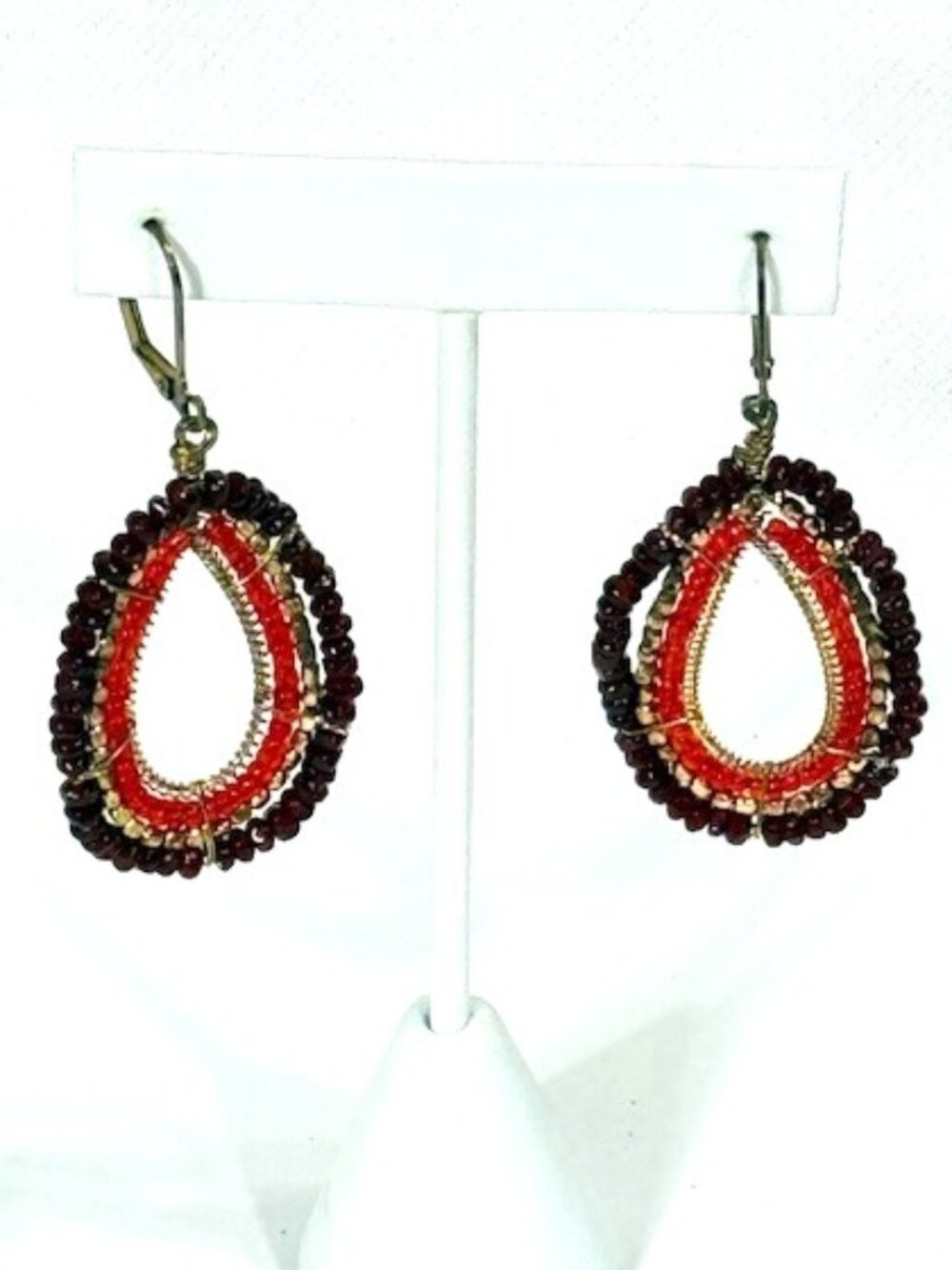 Burgundy, gold and red African Maasai beaded earrings.